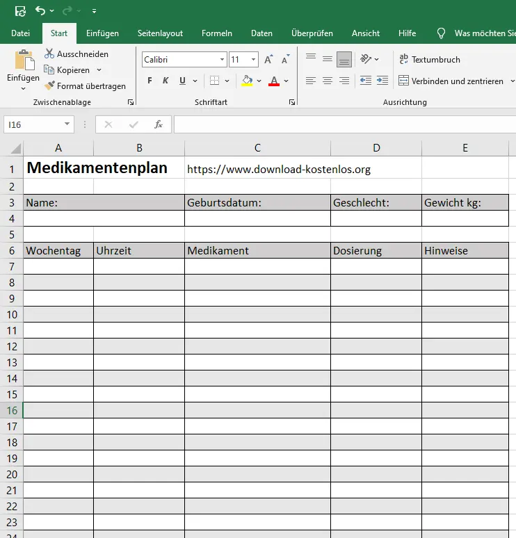 Medikamentenplan für Excel