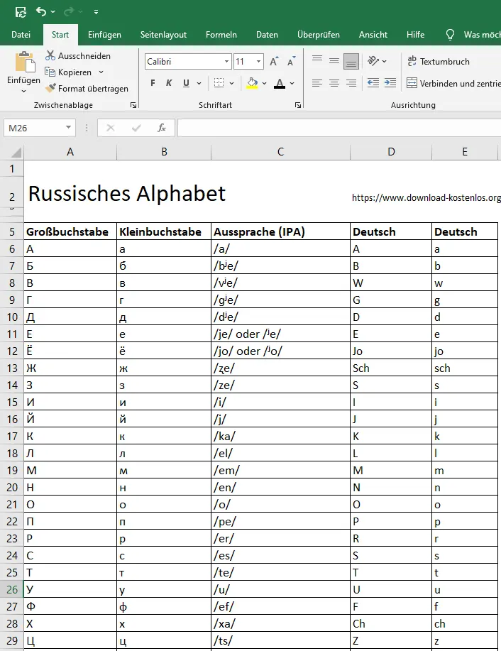 Russisches Alphabet Excel