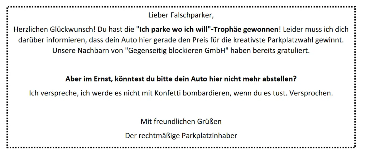 Spruch für Falschparker Vorlage